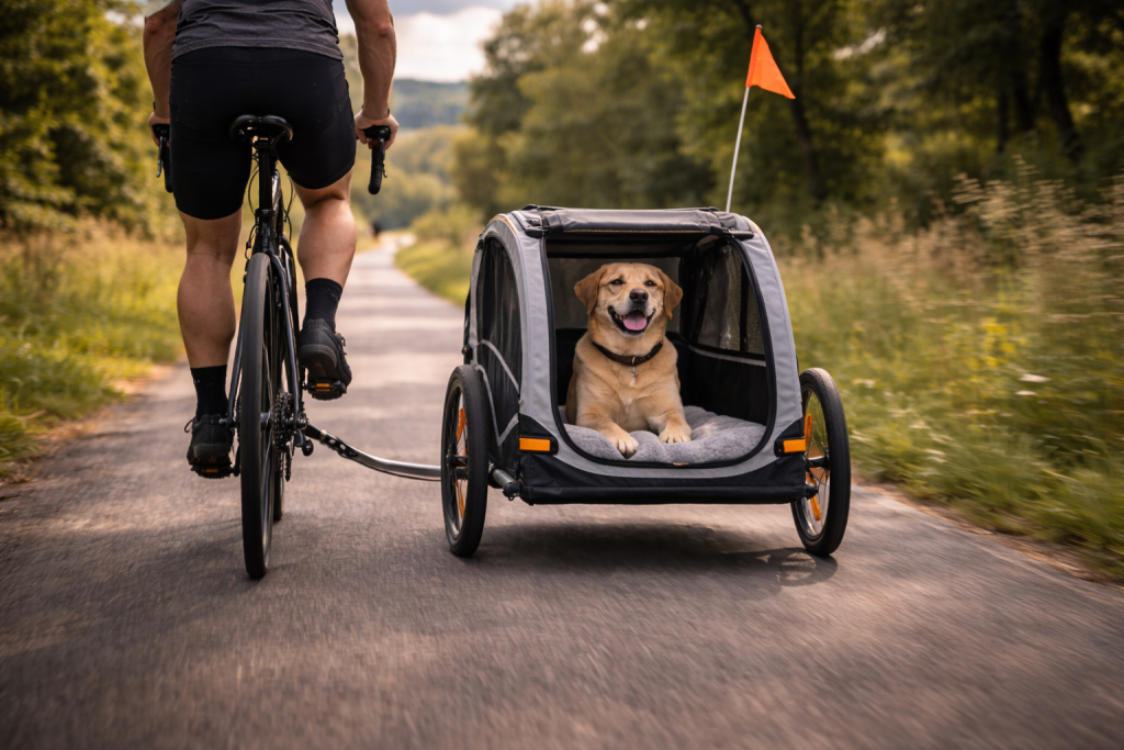 pédaler en tractant une remorque vélo chien