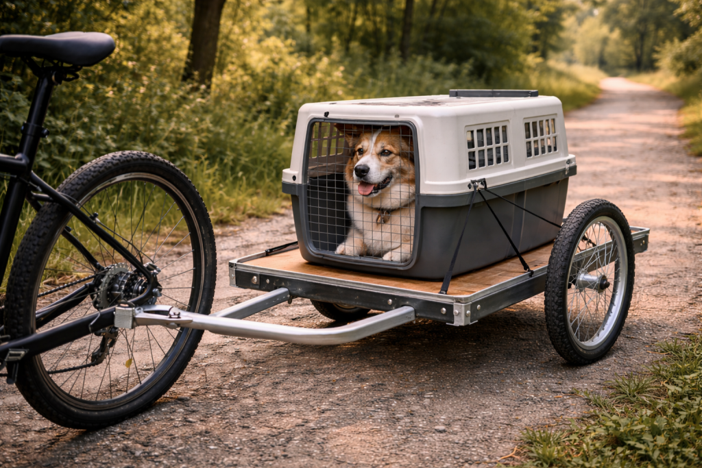 remorque vélo chien avec caisse de transport
