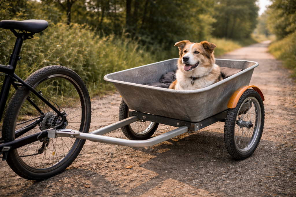 remorque vélo chien fabriquée à partir d'une brouette