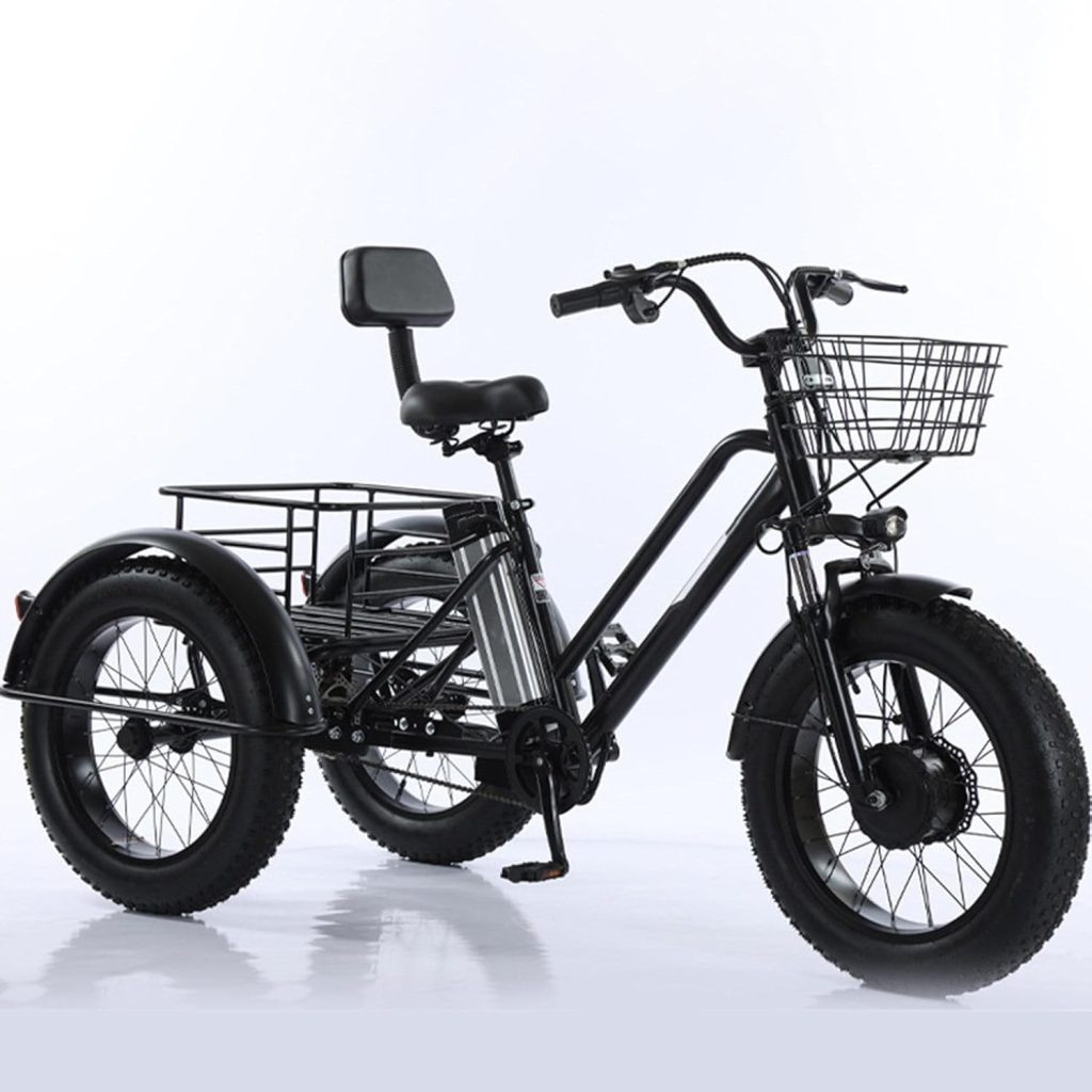 tricycle électrique à pneus larges avec panier pour chien
