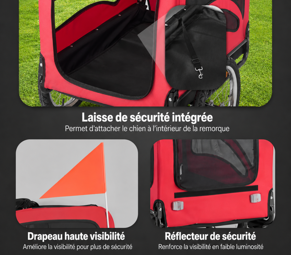 spécificités 2 remorque vélo pour chien rouge 45 kg
