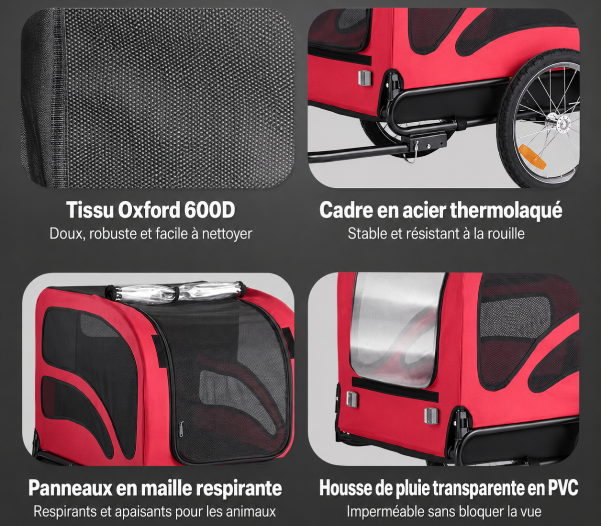 spécificités remorque vélo pour chien rouge 45 kg